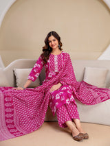 Pink Pure Cotton Floral Print Kurta Pant with Dupatta Set
