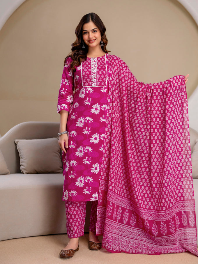 Pink Pure Cotton Floral Print Kurta Pant with Dupatta Set