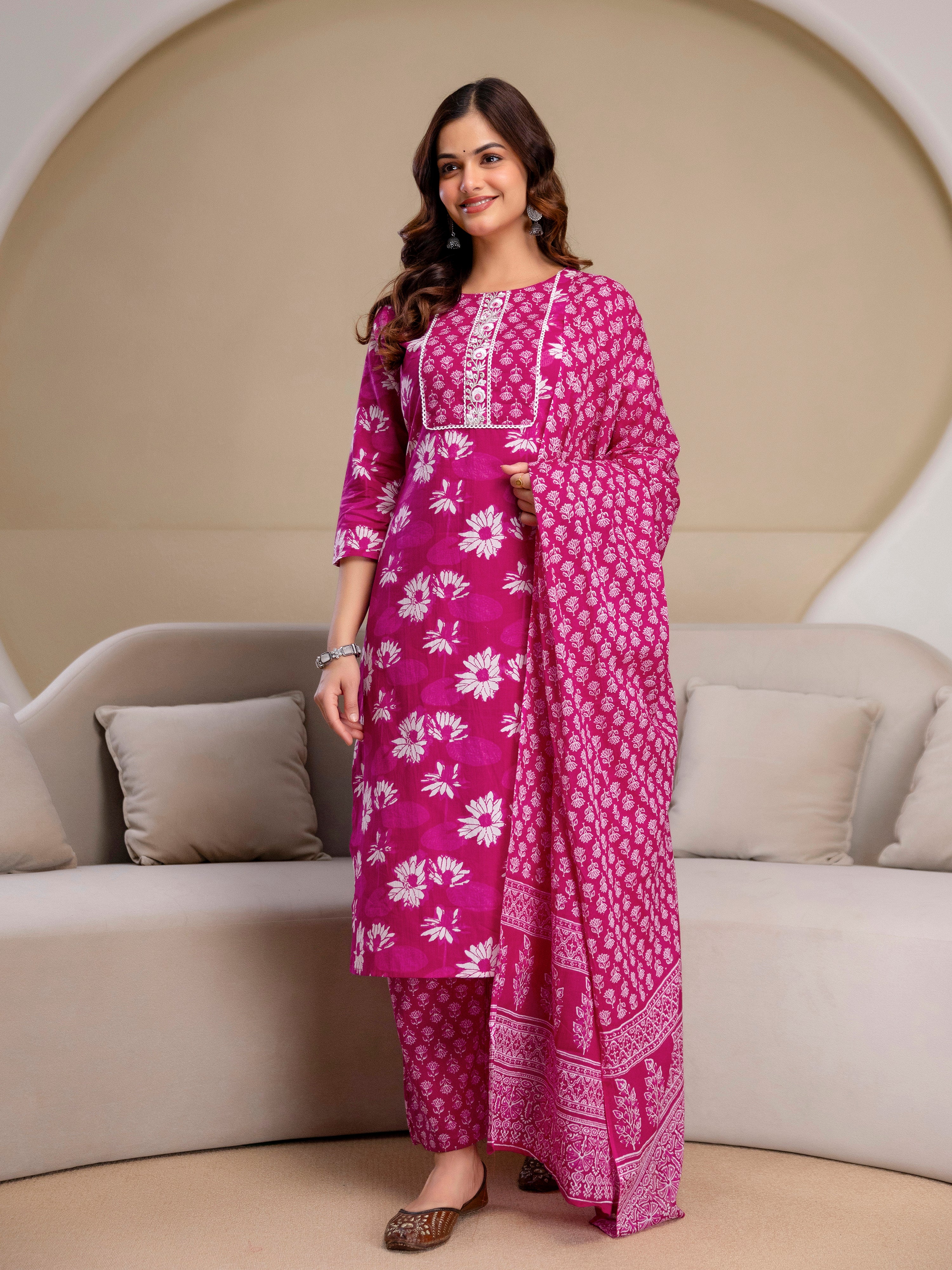 Pink Pure Cotton Floral Print Kurta Pant with Dupatta Set