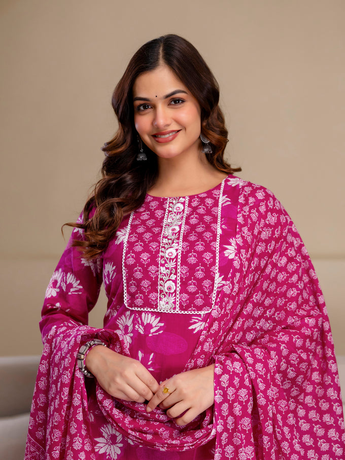 Pink Pure Cotton Floral Print Kurta Pant with Dupatta Set