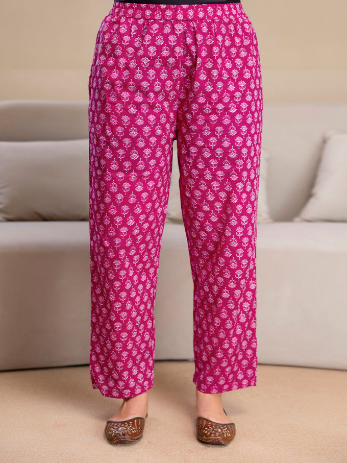 Pink Pure Cotton Floral Print Kurta Pant with Dupatta Set