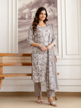 Grey Pure Cotton Beads Embroidery Work Floral Print Kurta Pant with Dupatta Set