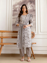 Grey Pure Cotton Beads Embroidery Work Floral Print Kurta Pant with Dupatta Set