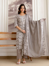 Grey Pure Cotton Beads Embroidery Work Floral Print Kurta Pant with Dupatta Set