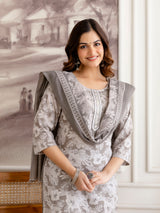 Grey Pure Cotton Beads Embroidery Work Floral Print Kurta Pant with Dupatta Set