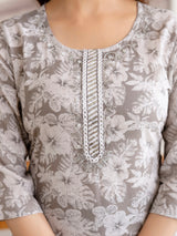 Grey Pure Cotton Beads Embroidery Work Floral Print Kurta Pant with Dupatta Set