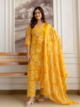 Orange Pure Cotton Beads Embroidery Work Floral Print Kurta Pant with Dupatta Set