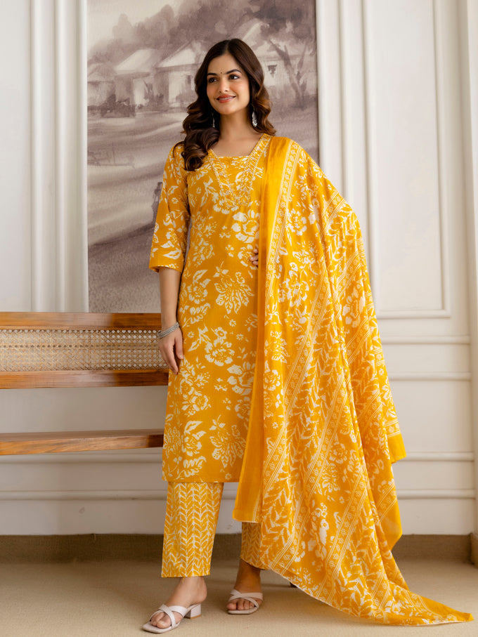 Orange Pure Cotton Beads Embroidery Work Floral Print Kurta Pant with Dupatta Set