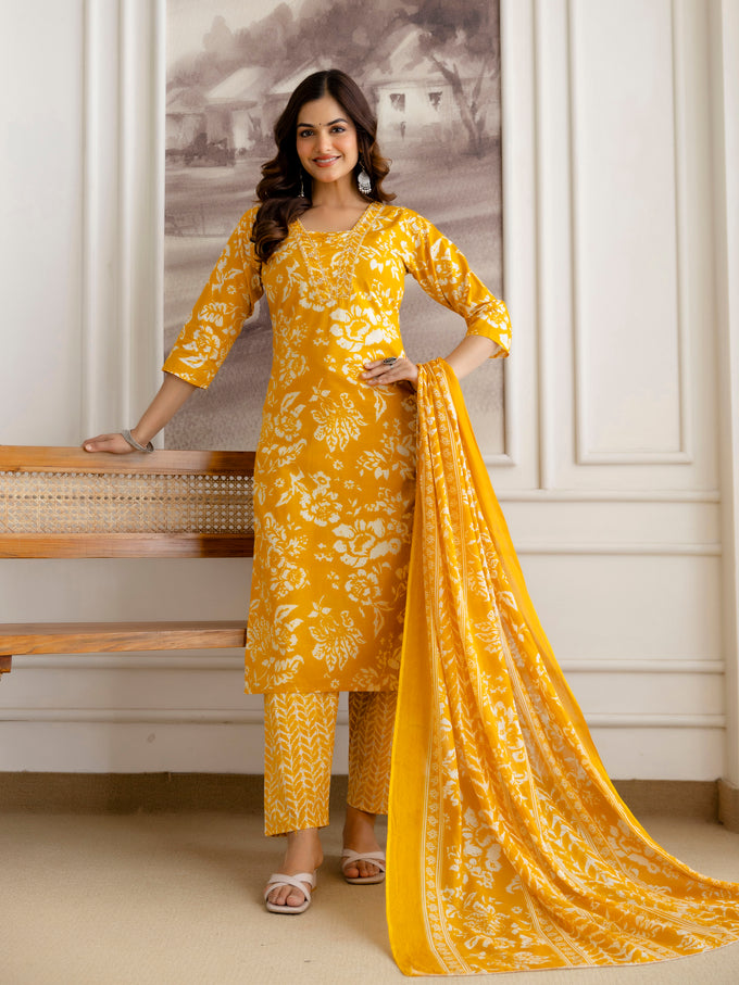 Orange Pure Cotton Beads Embroidery Work Floral Print Kurta Pant with Dupatta Set