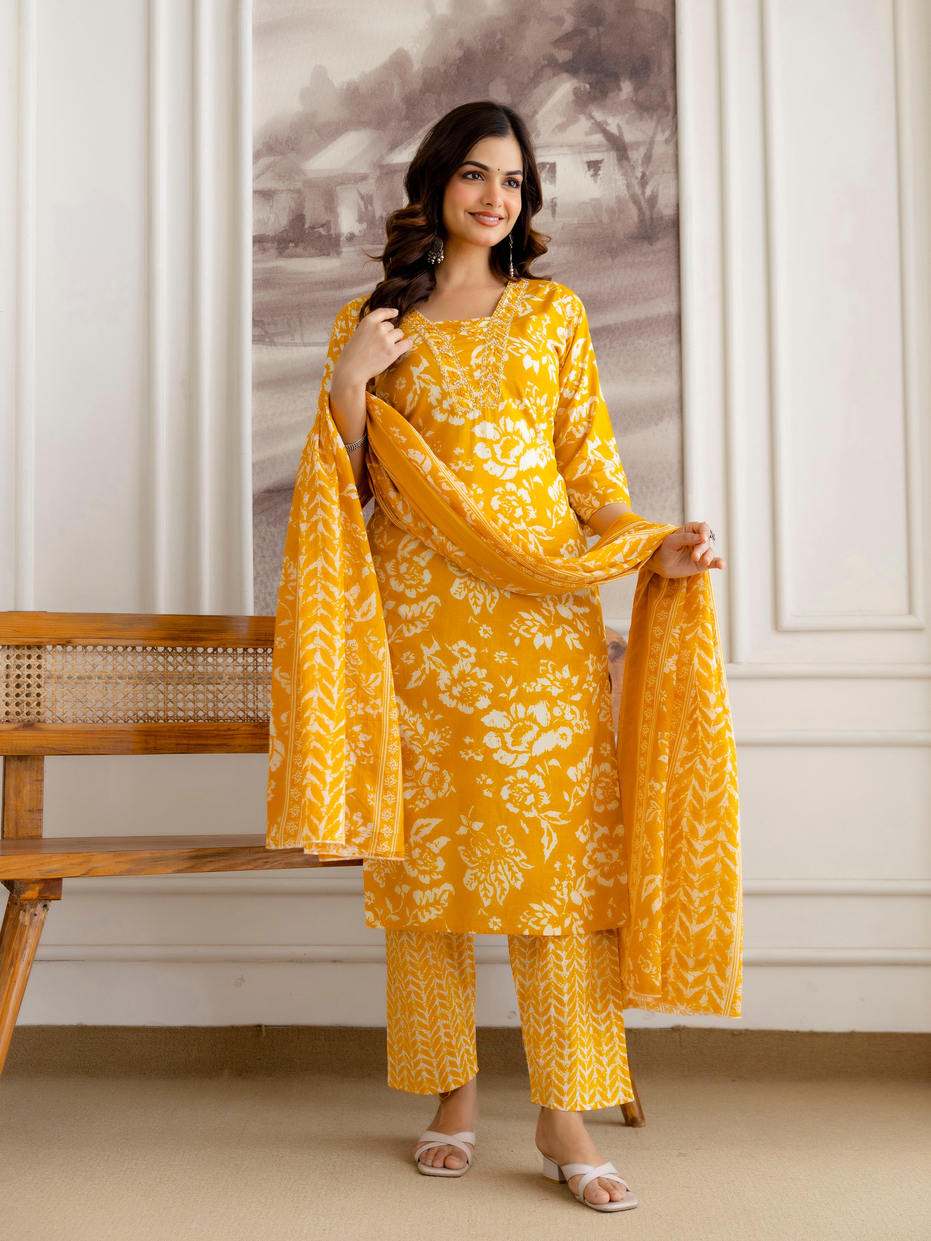 Orange Pure Cotton Beads Embroidery Work Floral Print Kurta Pant with Dupatta Set