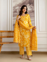 Orange Pure Cotton Beads Embroidery Work Floral Print Kurta Pant with Dupatta Set