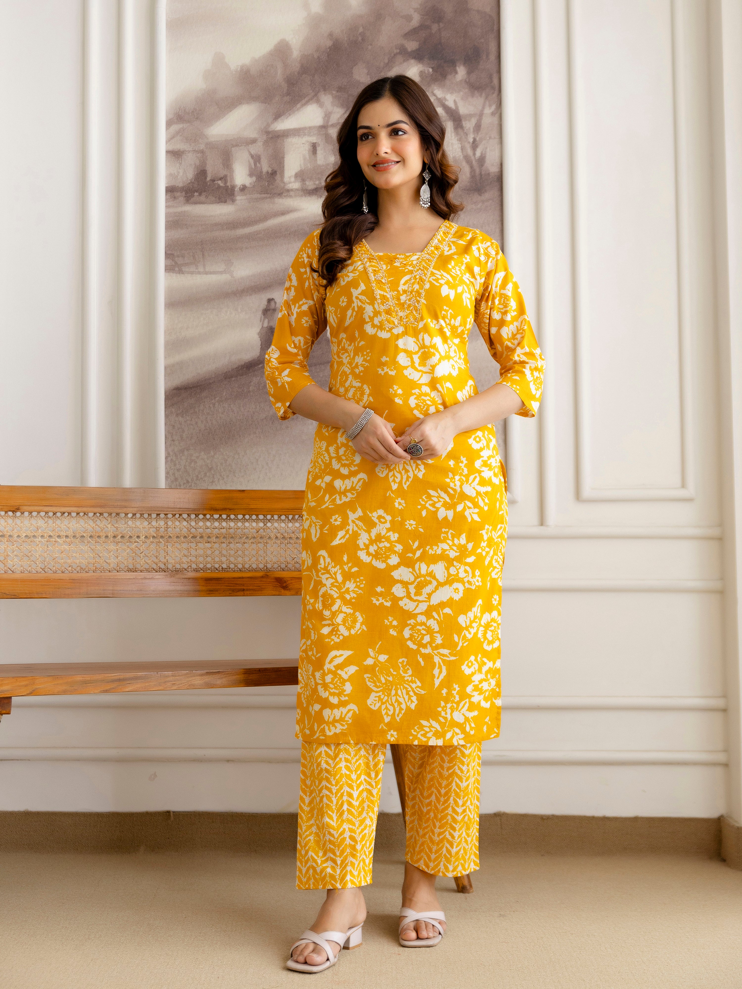 Orange Pure Cotton Beads Embroidery Work Floral Print Kurta Pant with Dupatta Set