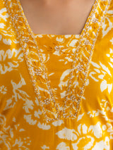 Orange Pure Cotton Beads Embroidery Work Floral Print Kurta Pant with Dupatta Set