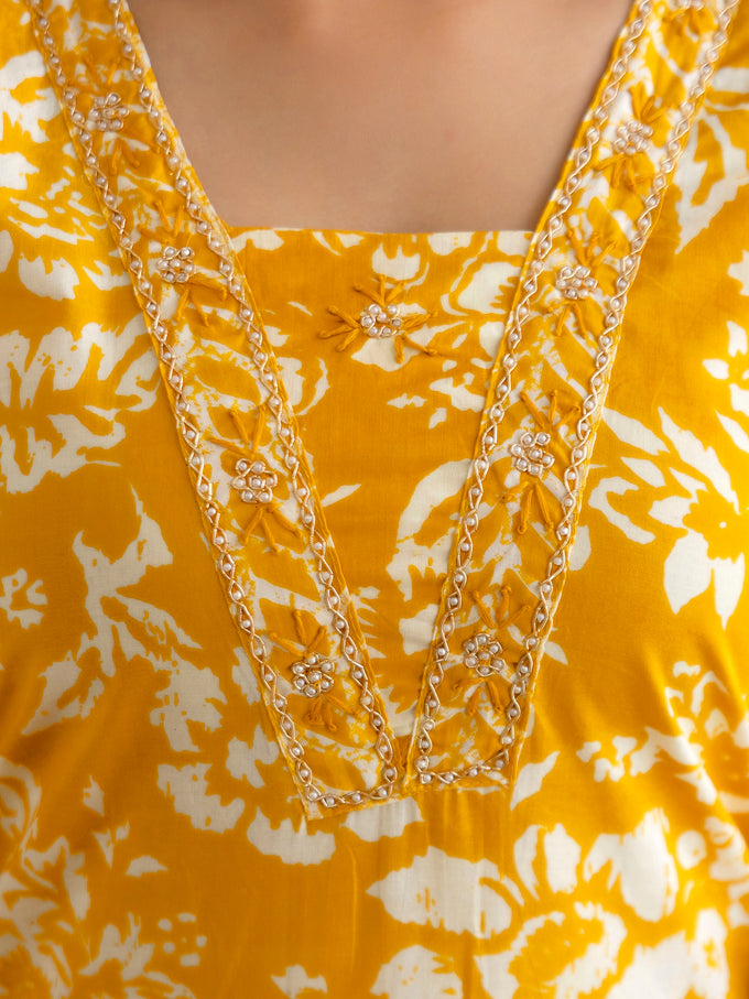 Orange Pure Cotton Beads Embroidery Work Floral Print Kurta Pant with Dupatta Set