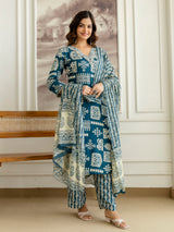 Morpeach Pure Cotton Traditional Ethnic Motif Print Kurta Pant with Dupatta Set