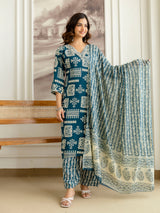 Morpeach Pure Cotton Traditional Ethnic Motif Print Kurta Pant with Dupatta Set