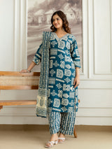 Morpeach Pure Cotton Traditional Ethnic Motif Print Kurta Pant with Dupatta Set