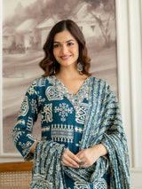 Morpeach Pure Cotton Traditional Ethnic Motif Print Kurta Pant with Dupatta Set