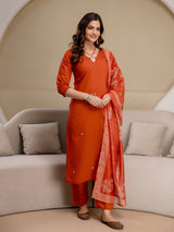 Orange Chanderi Cotton Embroidery Work Kurta Pant with Dupatta Set