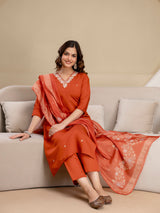 Orange Chanderi Cotton Embroidery Work Kurta Pant with Dupatta Set