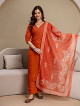 Orange Chanderi Cotton Embroidery Work Kurta Pant with Dupatta Set