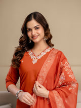 Orange Chanderi Cotton Embroidery Work Kurta Pant with Dupatta Set