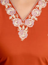 Orange Chanderi Cotton Embroidery Work Kurta Pant with Dupatta Set