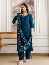 Morpeach Chanderi Cotton Embroidery Work Kurta Pant with Dupatta Set