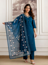 Morpeach Chanderi Cotton Embroidery Work Kurta Pant with Dupatta Set