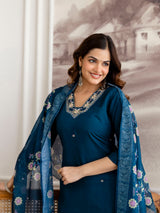 Morpeach Chanderi Cotton Embroidery Work Kurta Pant with Dupatta Set