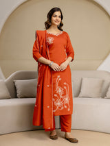 Orange Chanderi Cotton Embroidery Work Kurta Pant with Dupatta Set