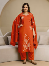 Orange Chanderi Cotton Embroidery Work Kurta Pant with Dupatta Set