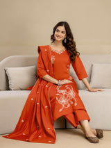 Orange Chanderi Cotton Embroidery Work Kurta Pant with Dupatta Set