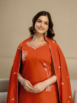 Orange Chanderi Cotton Embroidery Work Kurta Pant with Dupatta Set