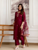 Maroon Chanderi Cotton Embroidery Work Kurta Pant with Dupatta Set