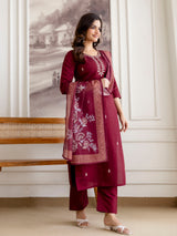Maroon Chanderi Cotton Embroidery Work Kurta Pant with Dupatta Set