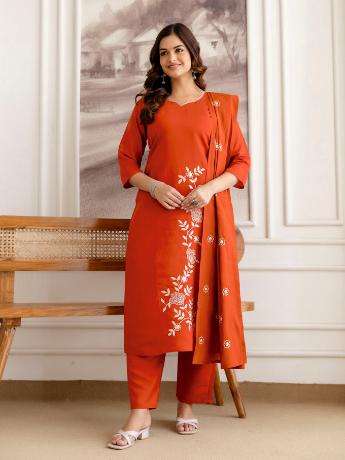 Orange Chanderi Cotton Embroidery Work Kurta Pant with Dupatta Set