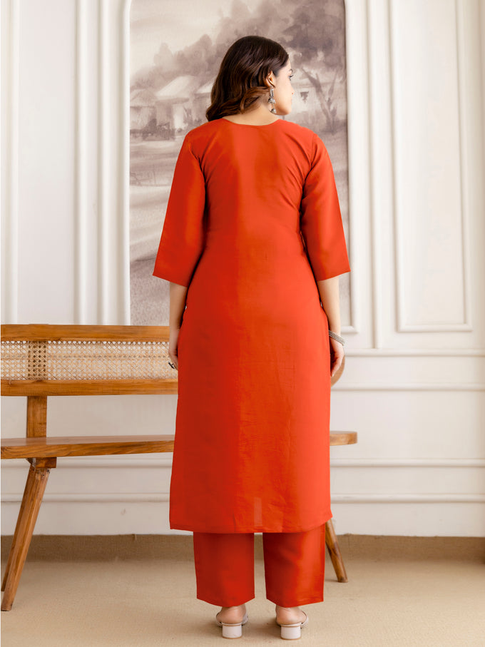 Orange Chanderi Cotton Embroidery Work Kurta Pant with Dupatta Set