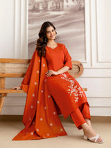 Orange Chanderi Cotton Embroidery Work Kurta Pant with Dupatta Set
