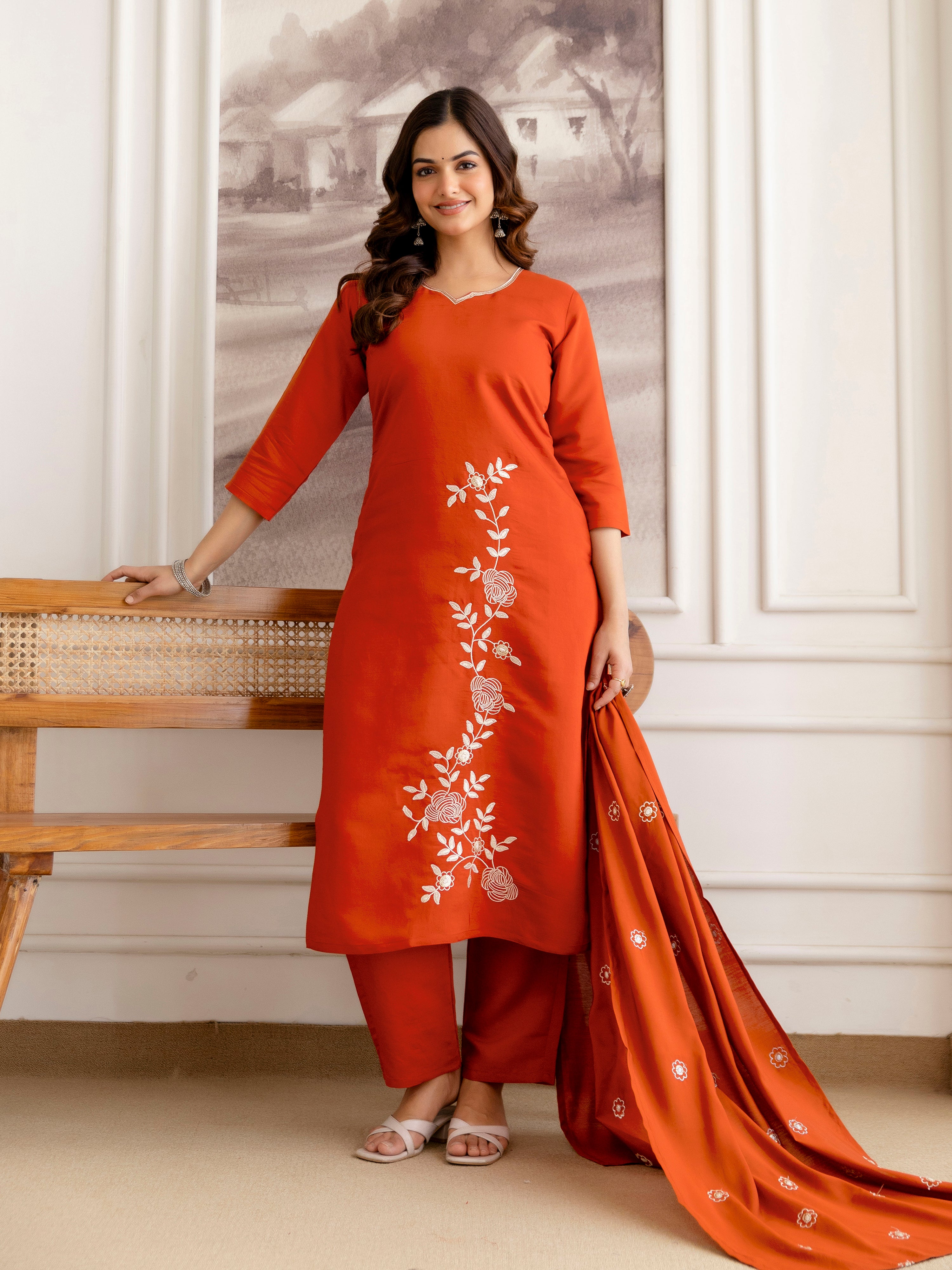 Orange Chanderi Cotton Embroidery Work Kurta Pant with Dupatta Set