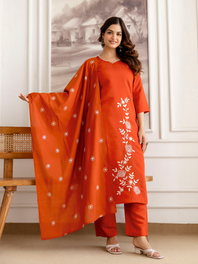 Orange Chanderi Cotton Embroidery Work Kurta Pant with Dupatta Set