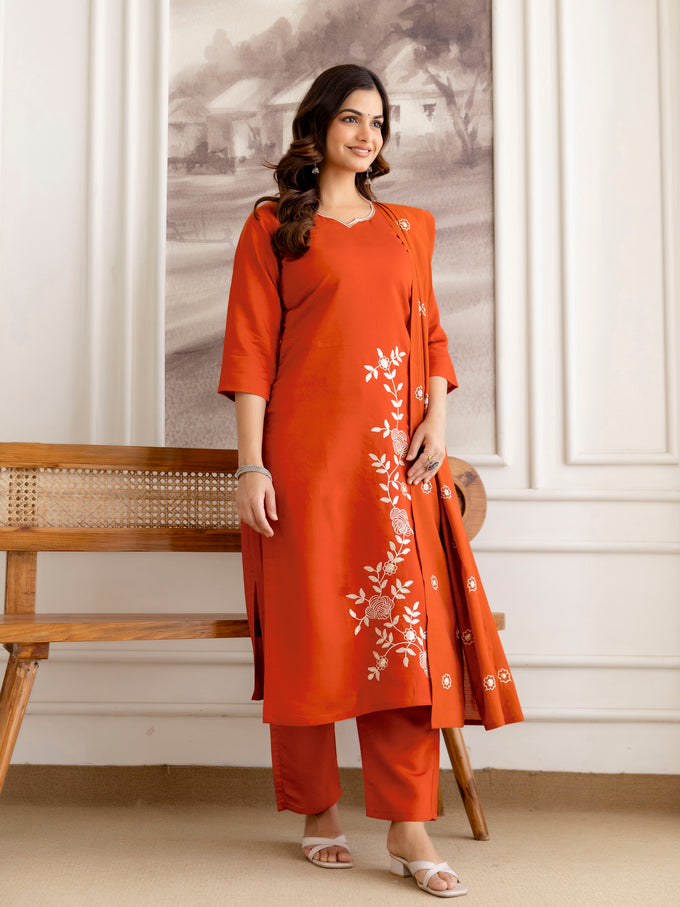 Orange Chanderi Cotton Embroidery Work Kurta Pant with Dupatta Set