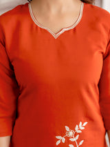 Orange Chanderi Cotton Embroidery Work Kurta Pant with Dupatta Set