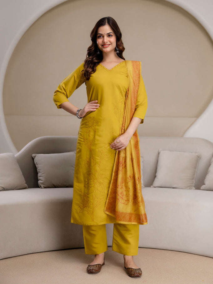 Mustard Chanderi Cotton Embroidery Sequence Work Kurta Pant with Dupatta Set