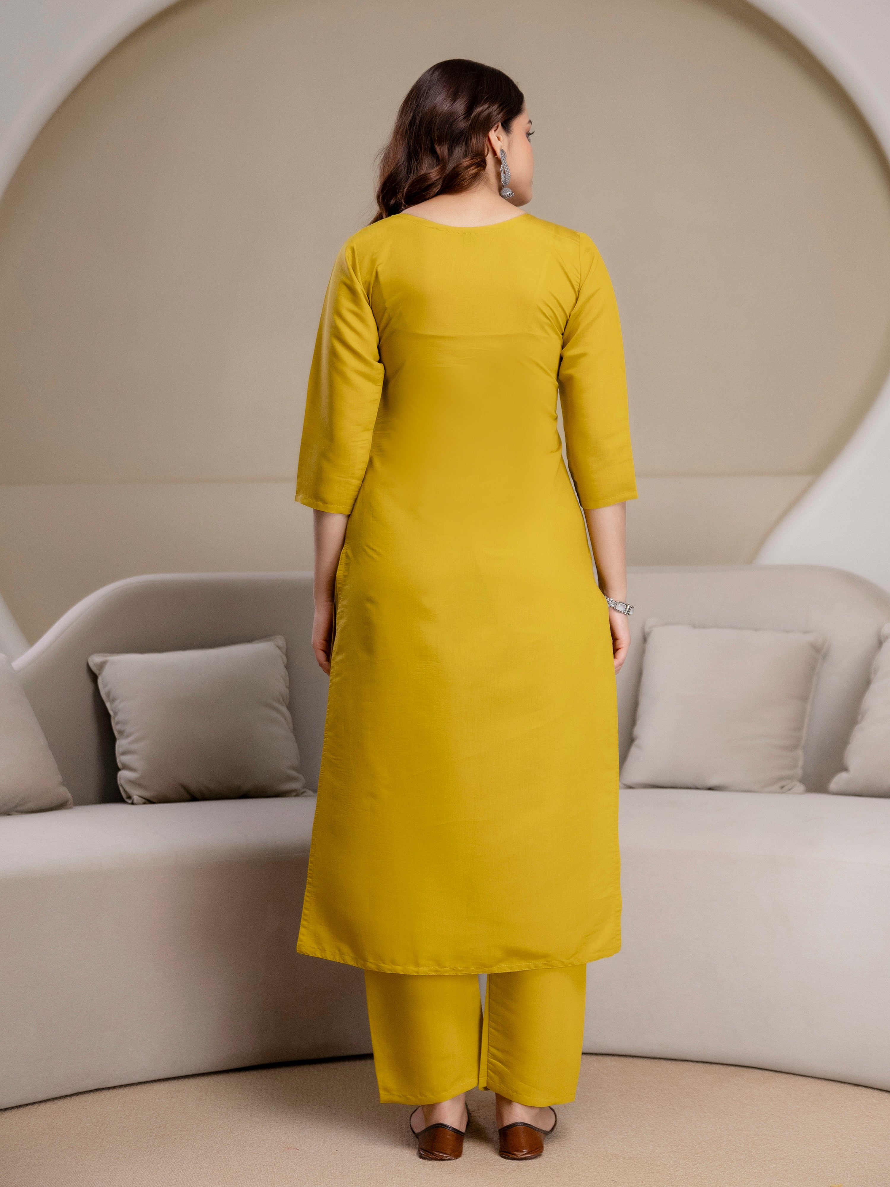 Mustard Chanderi Cotton Embroidery Sequence Work Kurta Pant with Dupatta Set