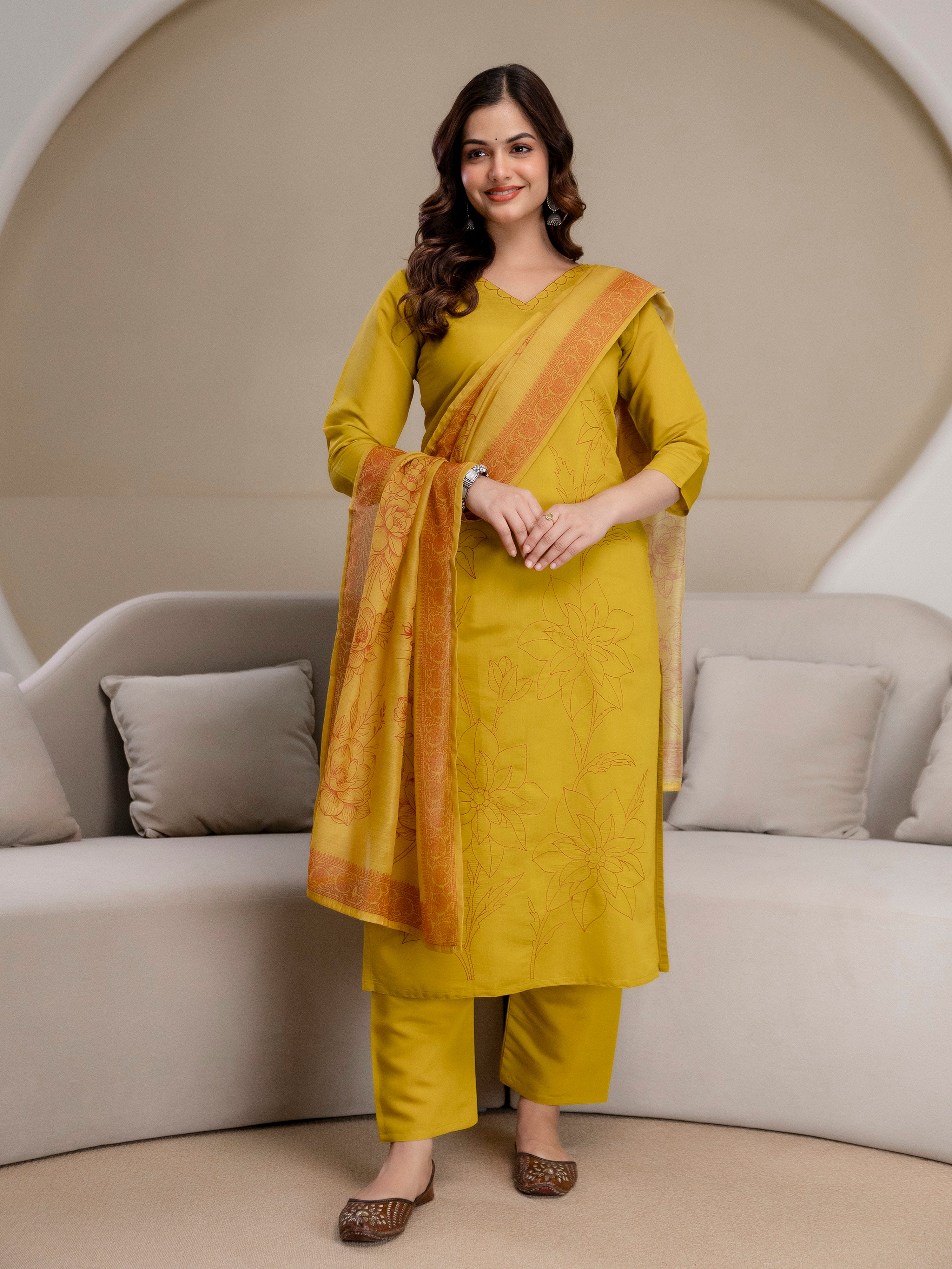 Mustard Chanderi Cotton Embroidery Sequence Work Kurta Pant with Dupatta Set