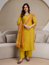 Mustard Chanderi Cotton Embroidery Sequence Work Kurta Pant with Dupatta Set