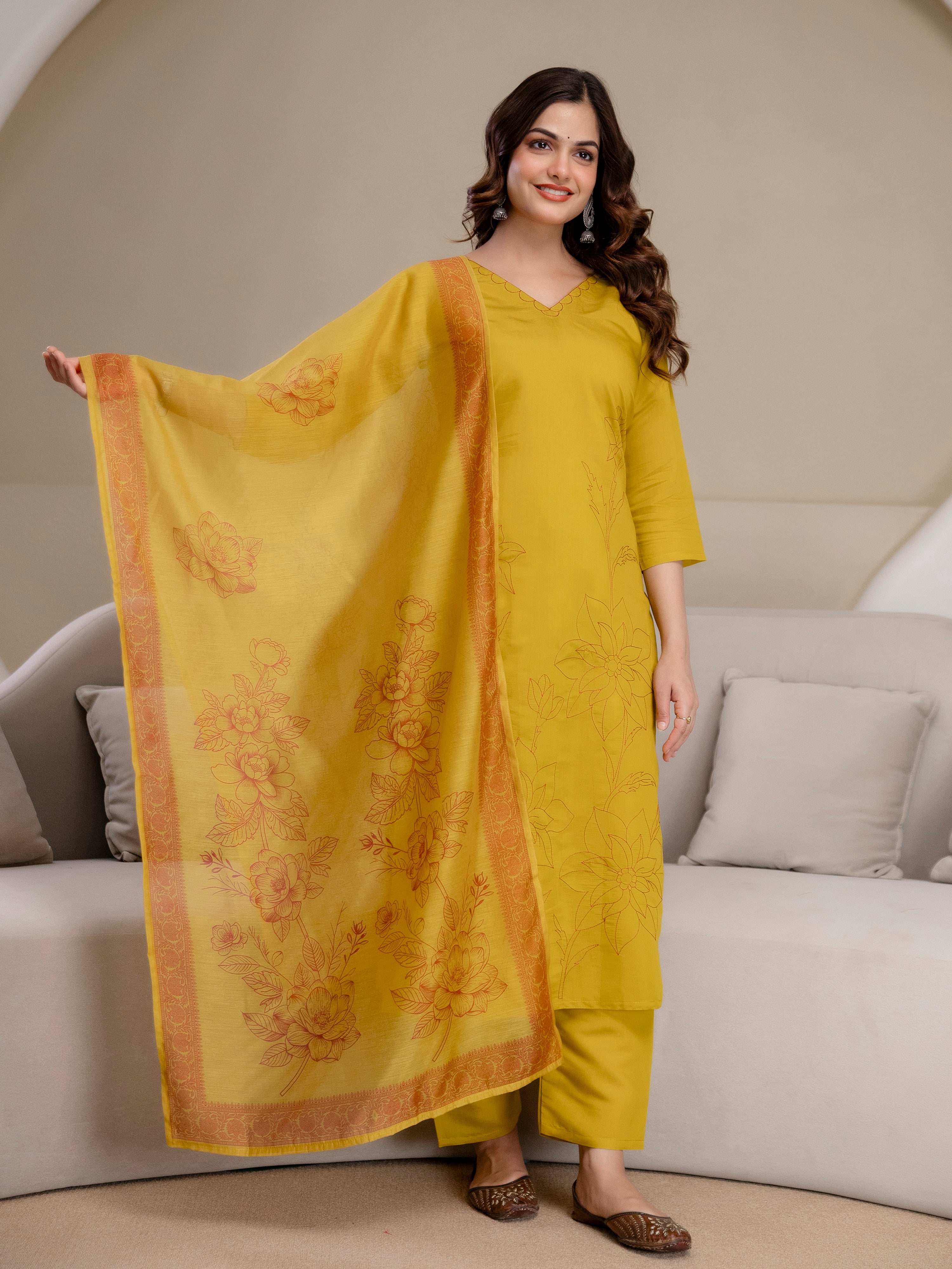 Mustard Chanderi Cotton Embroidery Sequence Work Kurta Pant with Dupatta Set