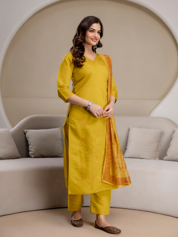 Mustard Chanderi Cotton Embroidery Sequence Work Kurta Pant with Dupatta Set