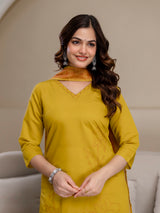 Yellow Chanderi Cotton Embroidery Work Kurta Pant with Dupatta Set